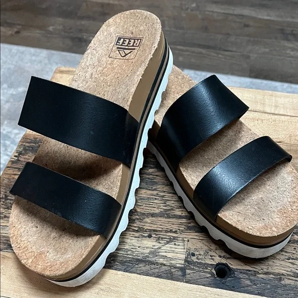 REEF Black Cork Footbed Sandals - Picture 1 of 7
